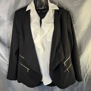 Calvin Klein waterfall, open-front blazer with gold zipper detail. Size 14.